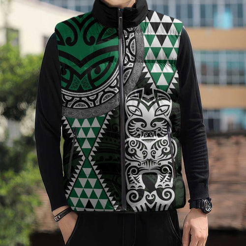 Green Aotearoa Niho Taniwha Sleeveless Puffer Jacket Maori Mythology Tooth - Taniko Motifs - Aussie Hoodie