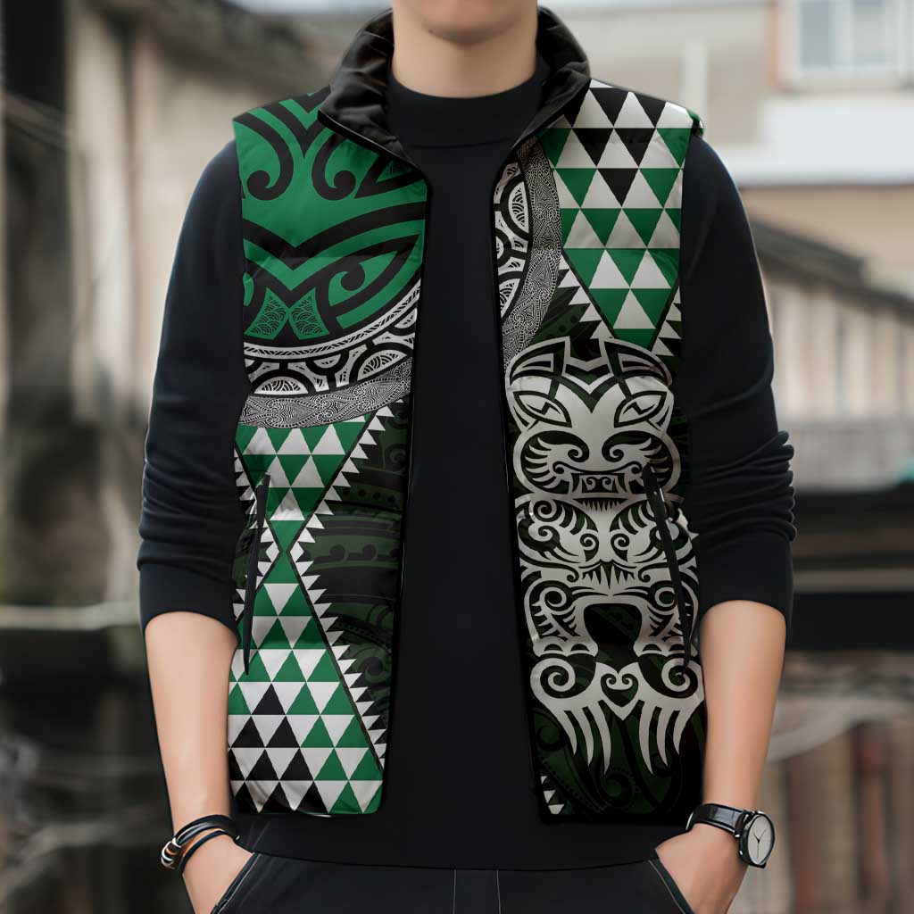 Green Aotearoa Niho Taniwha Sleeveless Puffer Jacket Maori Mythology Tooth - Taniko Motifs - Aussie Hoodie