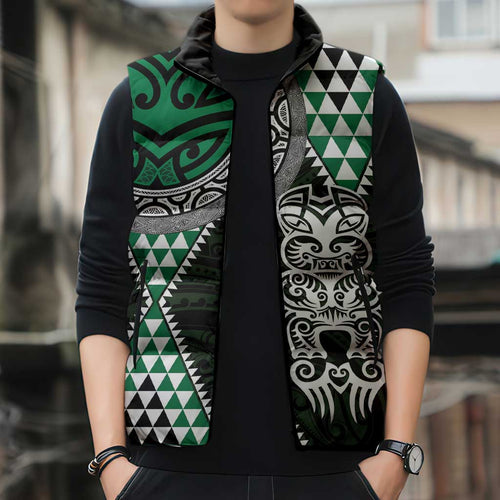 Green Aotearoa Niho Taniwha Sleeveless Puffer Jacket Maori Mythology Tooth - Taniko Motifs - Aussie Hoodie