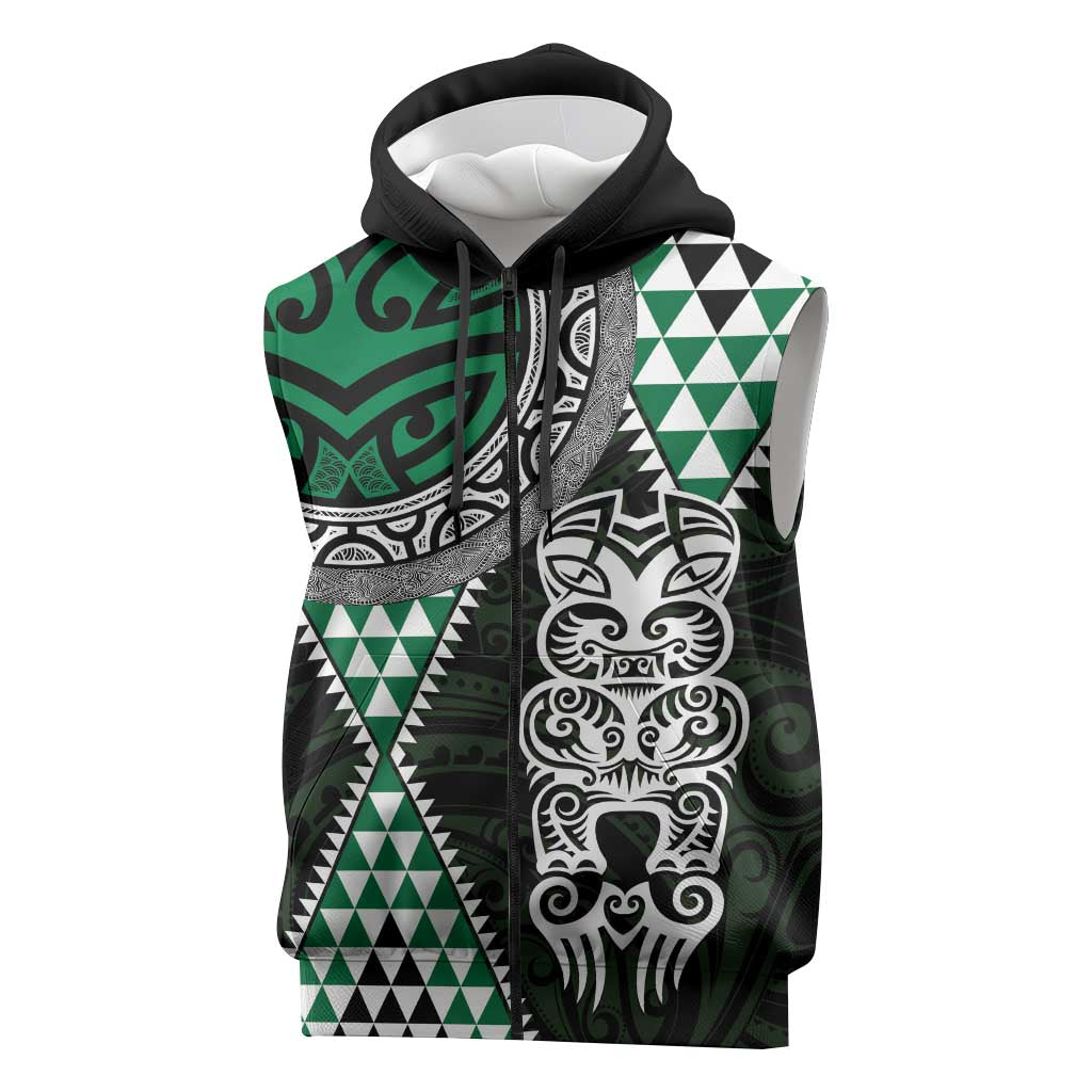 Green Aotearoa Niho Taniwha Sleeveless Zip Hoodie Maori Mythology Tooth - Taniko Motifs LT14