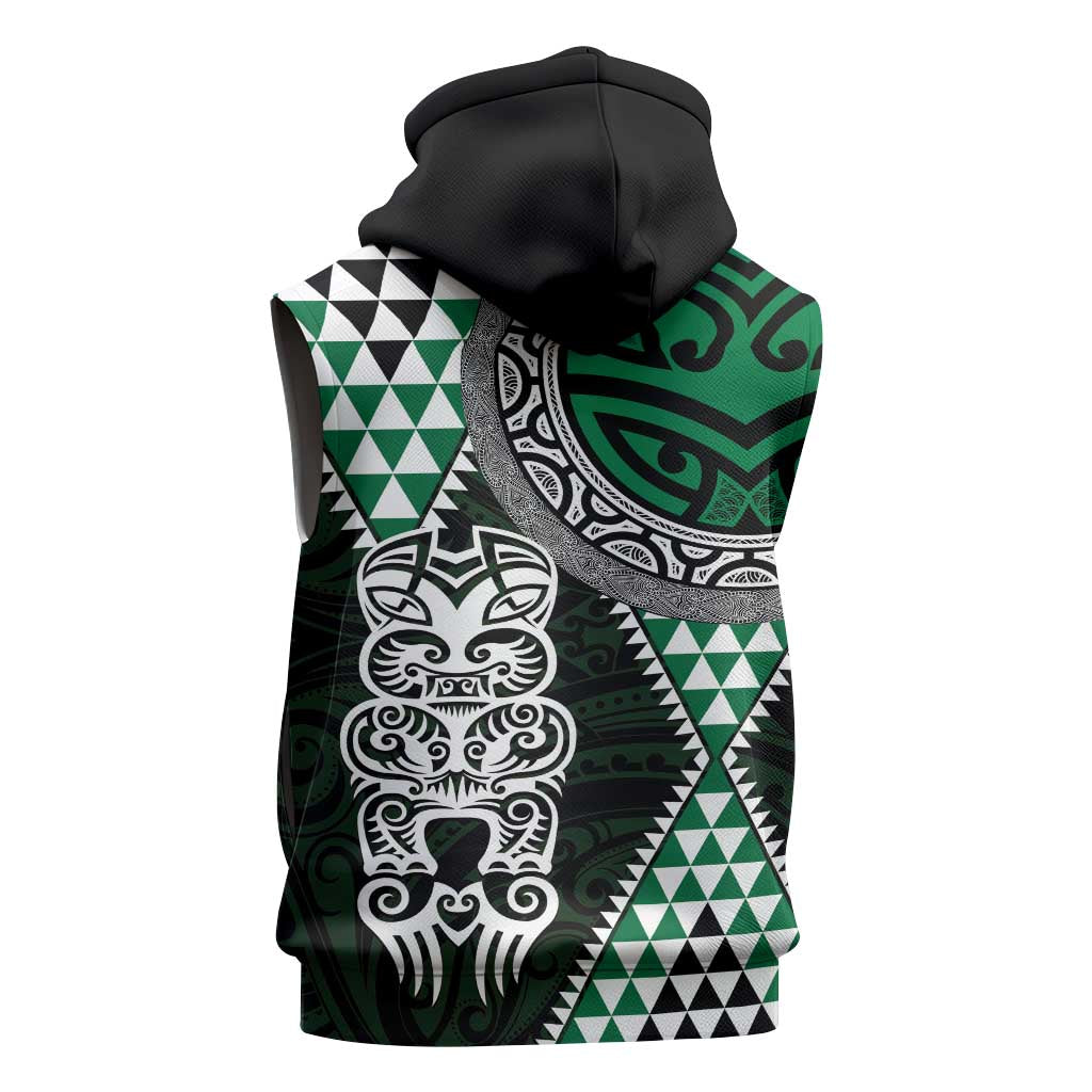 Green Aotearoa Niho Taniwha Sleeveless Zip Hoodie Maori Mythology Tooth - Taniko Motifs LT14