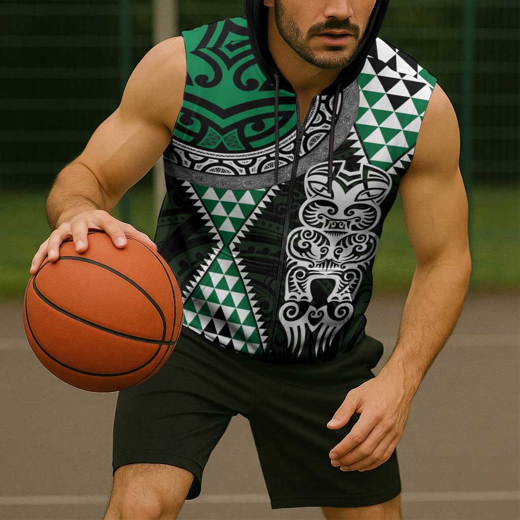 Green Aotearoa Niho Taniwha Sleeveless Zip Hoodie Maori Mythology Tooth - Taniko Motifs LT14