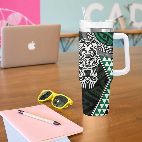 Green Aotearoa Niho Taniwha Tumbler With Handle Maori Mythology Tooth - Taniko Motifs