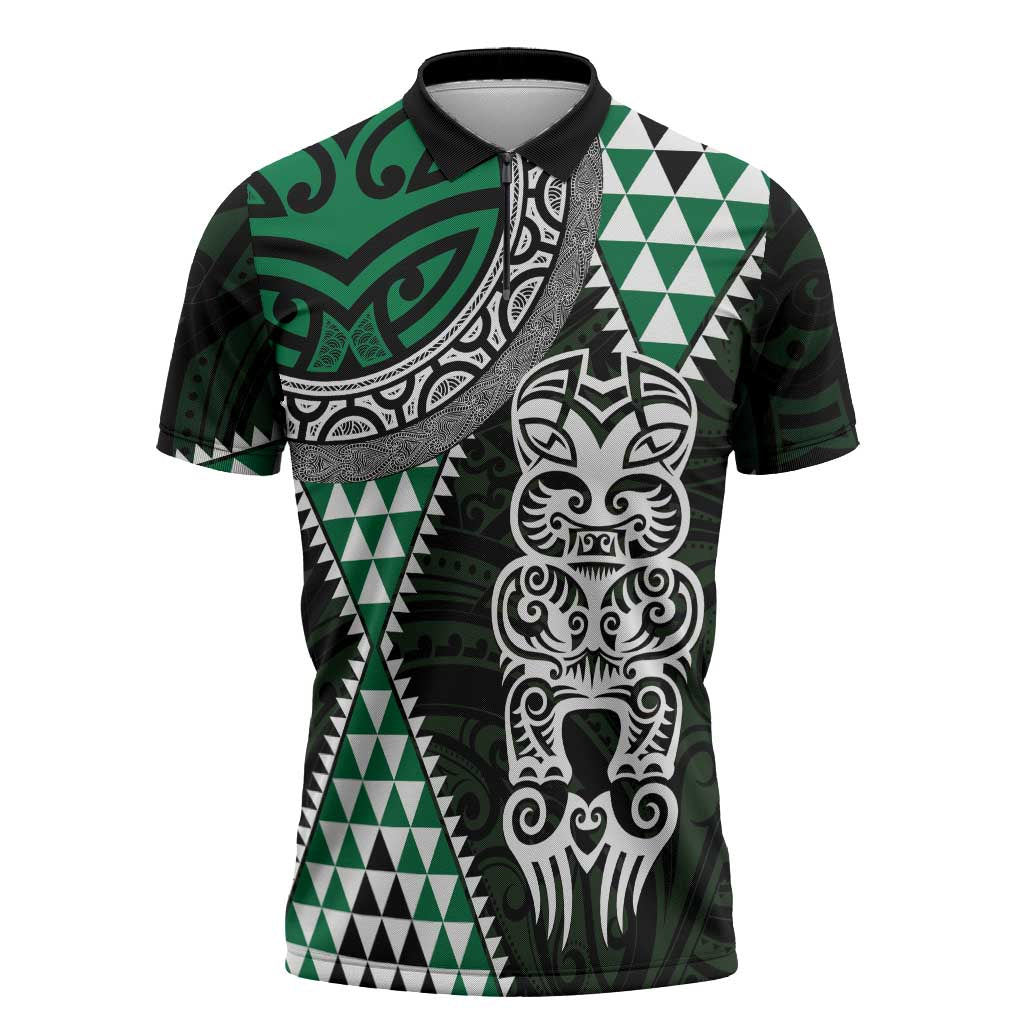 Green Aotearoa Niho Taniwha Zipper Polo Shirt Maori Mythology Tooth - Taniko Motifs - Aussie Hoodie