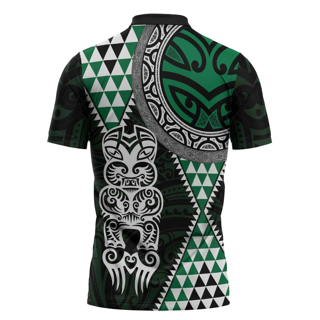 Green Aotearoa Niho Taniwha Zipper Polo Shirt Maori Mythology Tooth - Taniko Motifs - Aussie Hoodie
