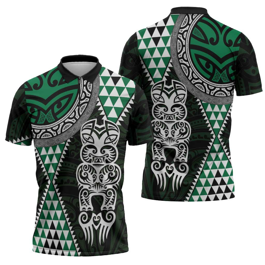 Green Aotearoa Niho Taniwha Zipper Polo Shirt Maori Mythology Tooth - Taniko Motifs - Aussie Hoodie
