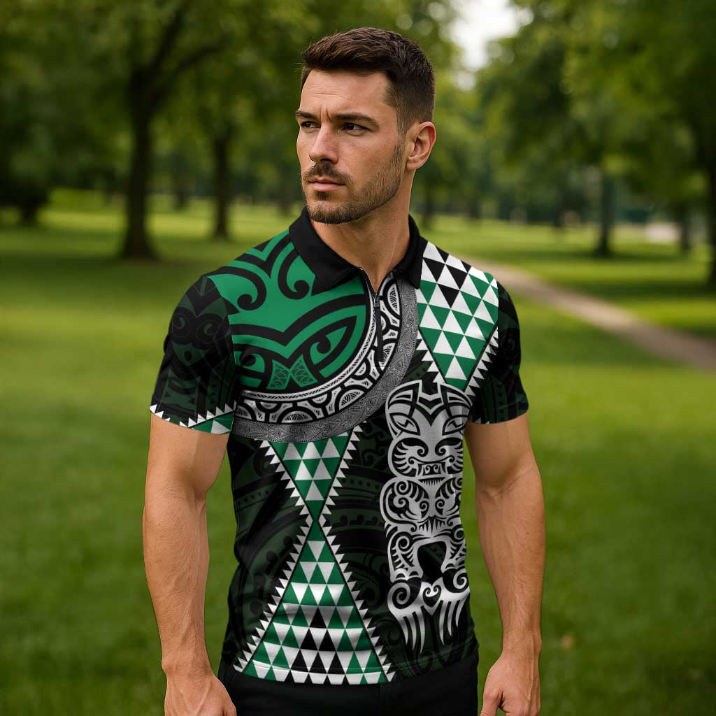 Green Aotearoa Niho Taniwha Zipper Polo Shirt Maori Mythology Tooth - Taniko Motifs - Aussie Hoodie