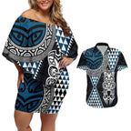 Blue Aotearoa Niho Taniwha Couples Matching Off Shoulder Short Dress and Hawaiian Shirt Maori Mythology Tooth - Taniko Motifs