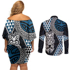 Blue Aotearoa Niho Taniwha Couples Matching Off Shoulder Short Dress and Long Sleeve Button Shirt Maori Mythology Tooth - Taniko Motifs