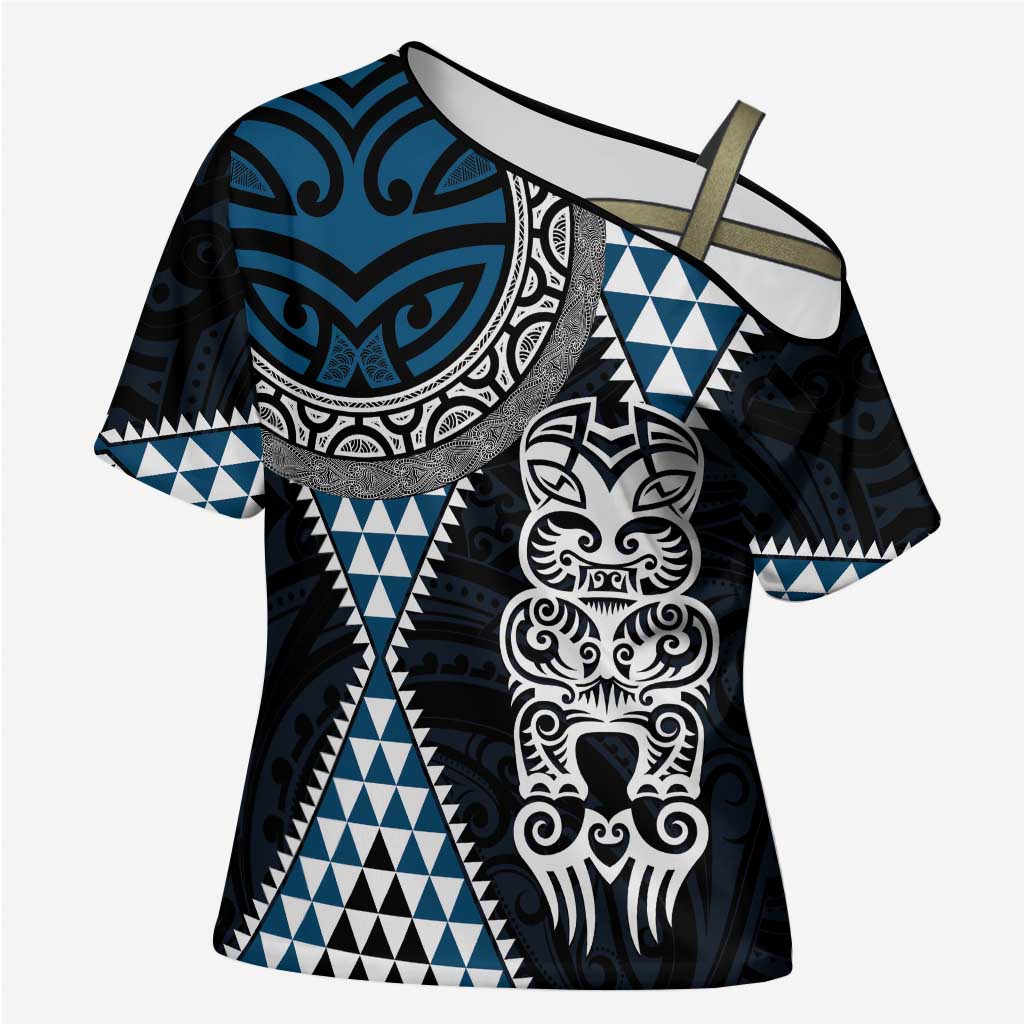 Blue Aotearoa Niho Taniwha Cross Shoulder Shirt Maori Mythology Tooth - Taniko Motifs - Aussie Hoodie