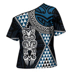 Blue Aotearoa Niho Taniwha Cross Shoulder Shirt Maori Mythology Tooth - Taniko Motifs - Aussie Hoodie