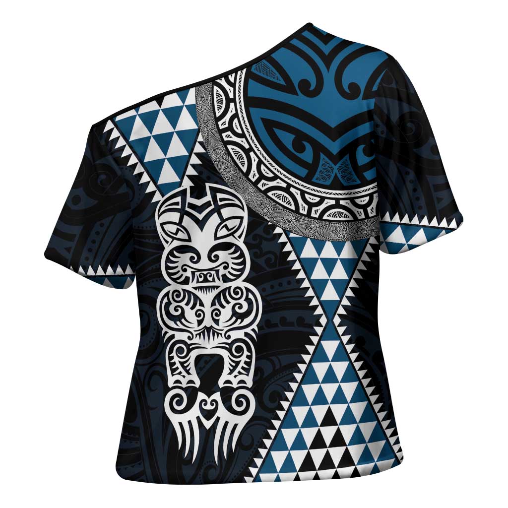 Blue Aotearoa Niho Taniwha Cross Shoulder Shirt Maori Mythology Tooth - Taniko Motifs - Aussie Hoodie