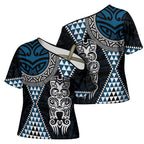 Blue Aotearoa Niho Taniwha Cross Shoulder Shirt Maori Mythology Tooth - Taniko Motifs - Aussie Hoodie