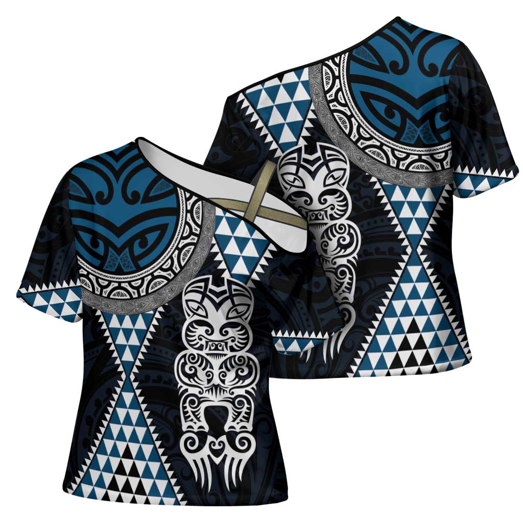 Blue Aotearoa Niho Taniwha Cross Shoulder Shirt Maori Mythology Tooth - Taniko Motifs - Aussie Hoodie