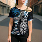 Blue Aotearoa Niho Taniwha Cross Shoulder Shirt Maori Mythology Tooth - Taniko Motifs - Aussie Hoodie