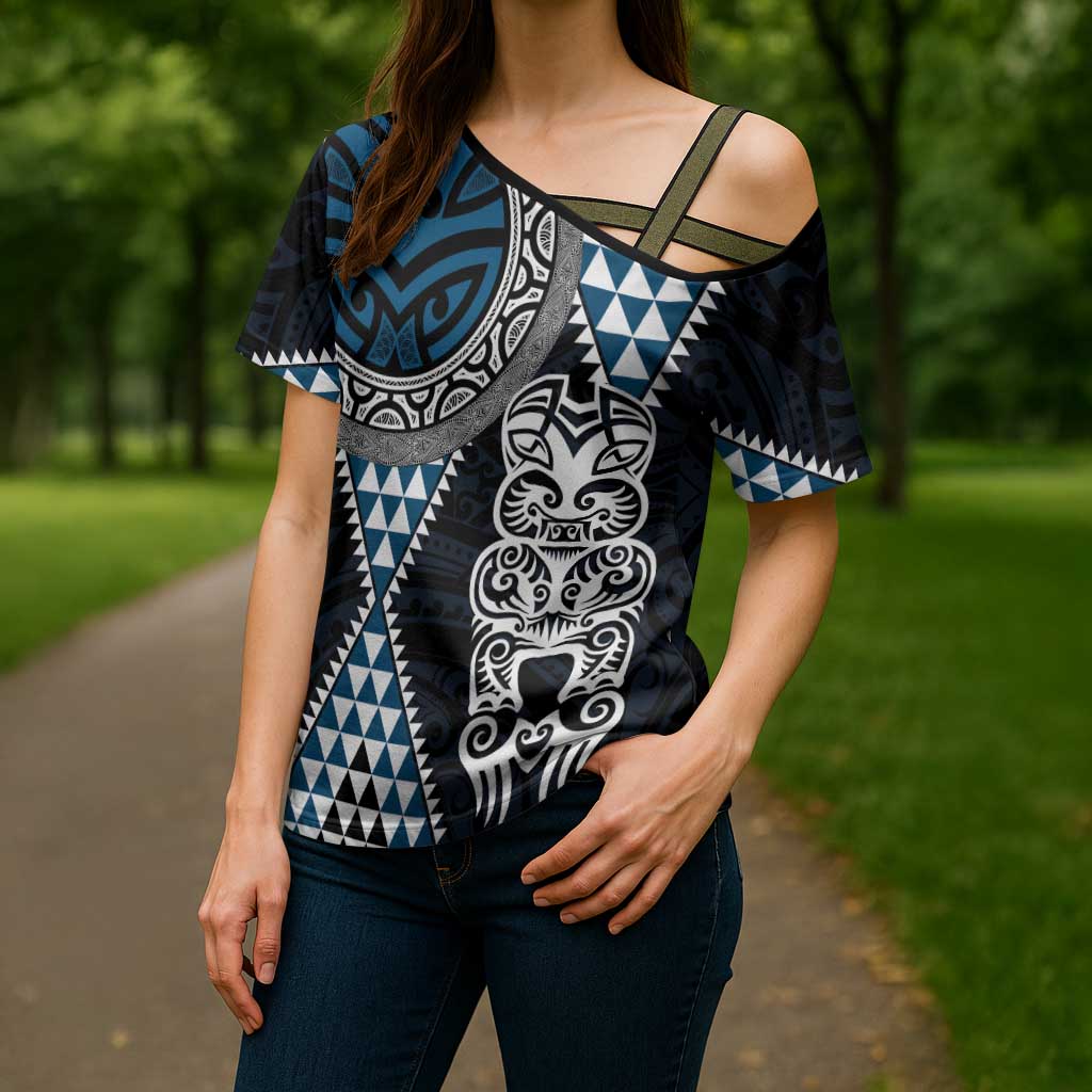 Blue Aotearoa Niho Taniwha Cross Shoulder Shirt Maori Mythology Tooth - Taniko Motifs - Aussie Hoodie