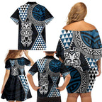 Blue Aotearoa Niho Taniwha Family Matching Off Shoulder Short Dress and Hawaiian Shirt Maori Mythology Tooth - Taniko Motifs