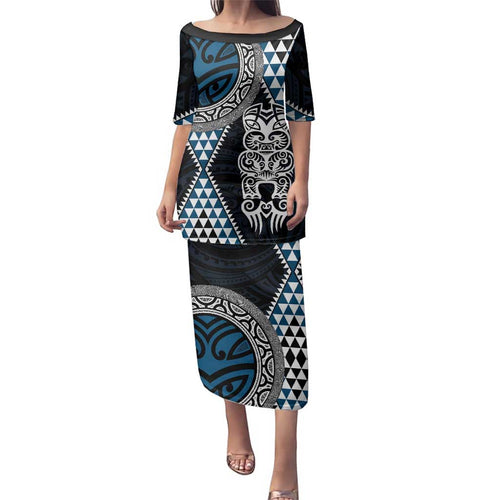 Blue Aotearoa Niho Taniwha Family Matching Puletasi and Hawaiian Shirt Maori Mythology Tooth - Taniko Motifs