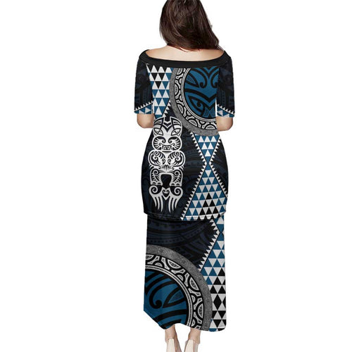 Blue Aotearoa Niho Taniwha Family Matching Puletasi and Hawaiian Shirt Maori Mythology Tooth - Taniko Motifs