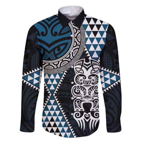 Blue Aotearoa Niho Taniwha Family Matching Tank Maxi Dress and Hawaiian Shirt Maori Mythology Tooth - Taniko Motifs