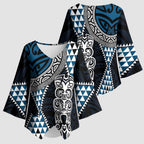 Blue Aotearoa Niho Taniwha Kimono Sleeve Blouse Maori Mythology Tooth - Taniko Motifs - Aussie Hoodie