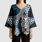 Blue Aotearoa Niho Taniwha Kimono Sleeve Blouse Maori Mythology Tooth - Taniko Motifs - Aussie Hoodie