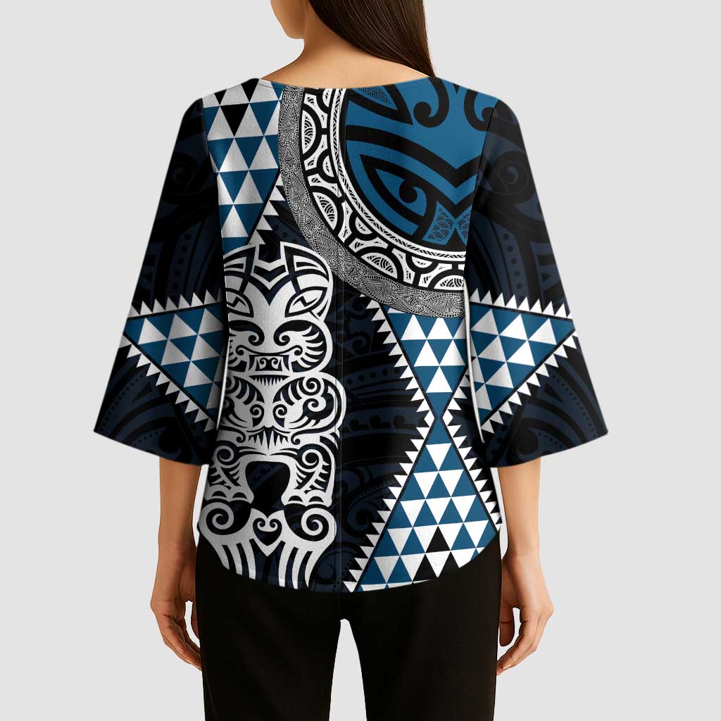 Blue Aotearoa Niho Taniwha Kimono Sleeve Blouse Maori Mythology Tooth - Taniko Motifs - Aussie Hoodie
