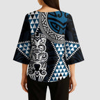 Blue Aotearoa Niho Taniwha Kimono Sleeve Blouse Maori Mythology Tooth - Taniko Motifs - Aussie Hoodie
