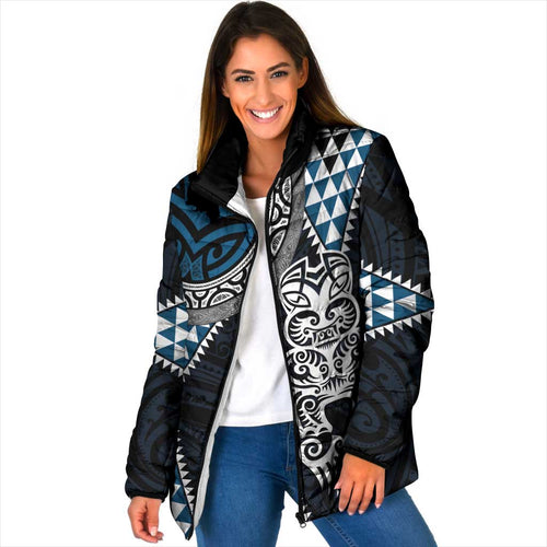 Blue Aotearoa Niho Taniwha Padded Jacket Maori Mythology Tooth - Taniko Motifs - Aussie Hoodie