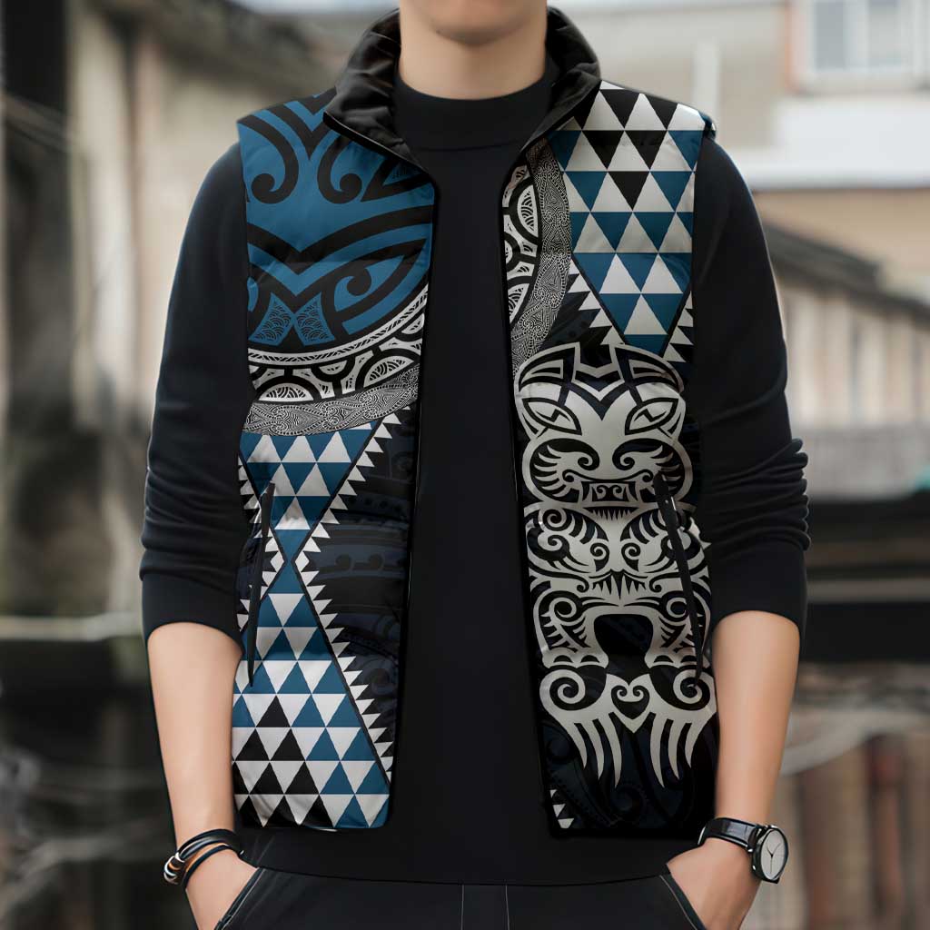 Blue Aotearoa Niho Taniwha Sleeveless Puffer Jacket Maori Mythology Tooth - Taniko Motifs - Aussie Hoodie