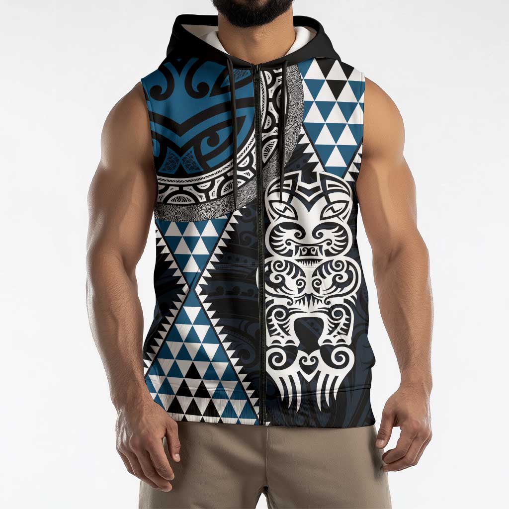 Blue Aotearoa Niho Taniwha Sleeveless Zip Hoodie Maori Mythology Tooth - Taniko Motifs LT14