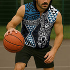Blue Aotearoa Niho Taniwha Sleeveless Zip Hoodie Maori Mythology Tooth - Taniko Motifs LT14