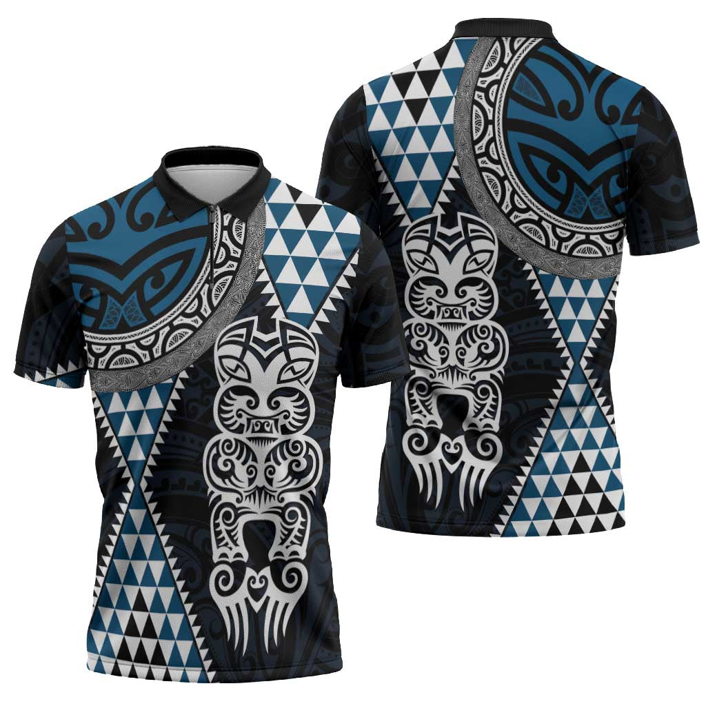 Blue Aotearoa Niho Taniwha Zipper Polo Shirt Maori Mythology Tooth - Taniko Motifs - Aussie Hoodie