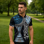 Blue Aotearoa Niho Taniwha Zipper Polo Shirt Maori Mythology Tooth - Taniko Motifs - Aussie Hoodie