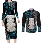 Aotearoa Taniko Paua Shell With Hei Tiki Couples Matching Long Sleeve Bodycon Dress and Long Sleeve Button Shirt