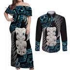 Aotearoa Taniko Paua Shell With Hei Tiki Couples Matching Off Shoulder Maxi Dress and Long Sleeve Button Shirt