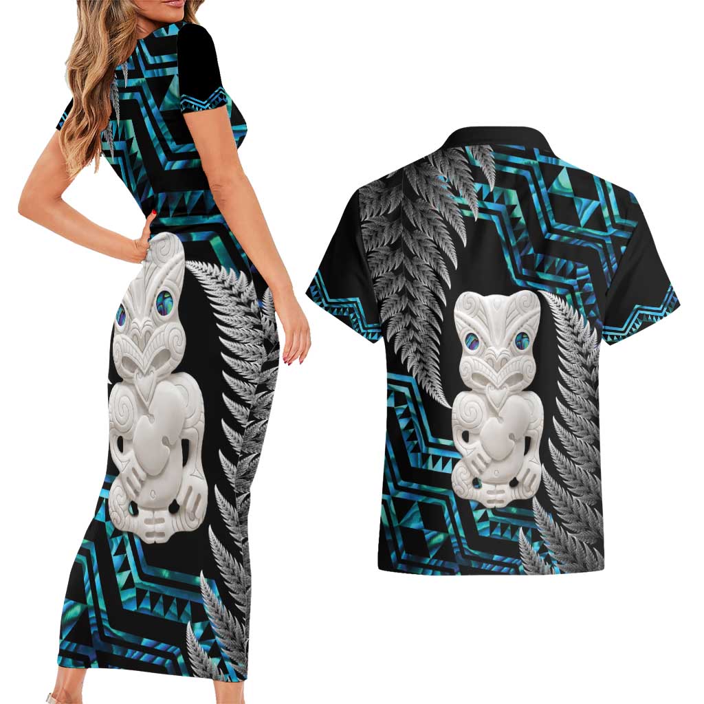 Aotearoa Taniko Paua Shell With Hei Tiki Couples Matching Short Sleeve Bodycon Dress and Hawaiian Shirt