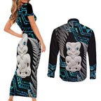 Aotearoa Taniko Paua Shell With Hei Tiki Couples Matching Short Sleeve Bodycon Dress and Long Sleeve Button Shirt