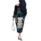 Aotearoa Taniko Paua Shell With Hei Tiki Off The Shoulder Long Sleeve Dress