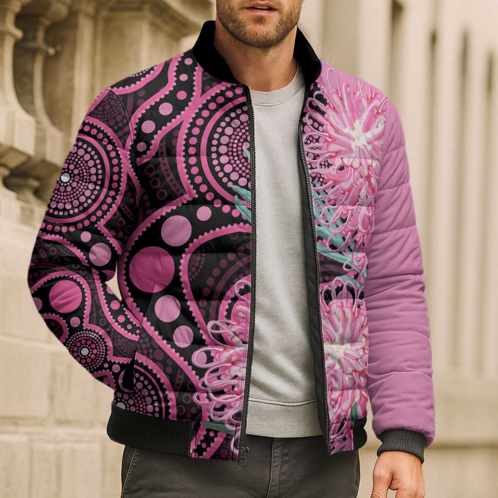 Australia Grevillea Bomber Puffer Jacket Aussie Native Spider Flower Indigenous Art
