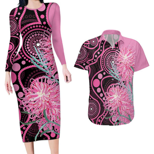 Australia Grevillea Couples Matching Long Sleeve Bodycon Dress and Hawaiian Shirt Aussie Native Spider Flower Indigenous Art