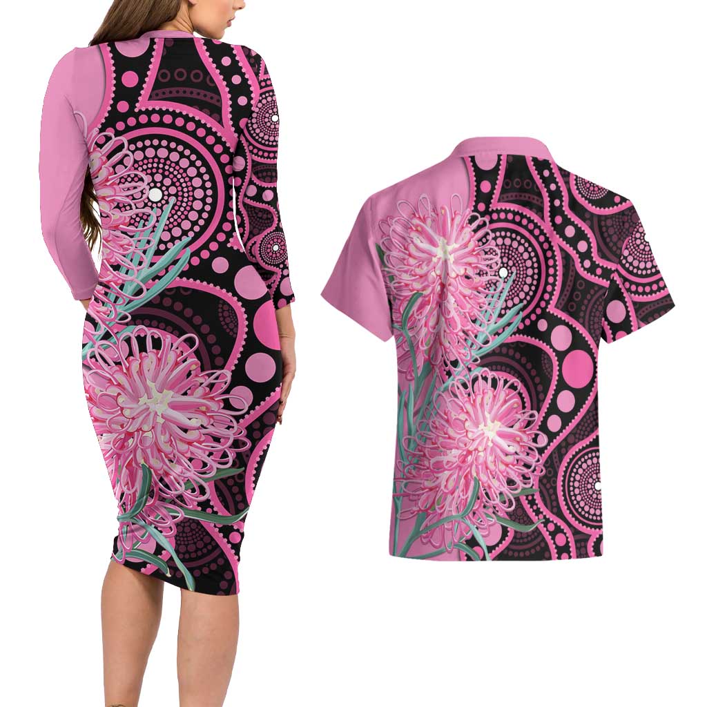 Australia Grevillea Couples Matching Long Sleeve Bodycon Dress and Hawaiian Shirt Aussie Native Spider Flower Indigenous Art