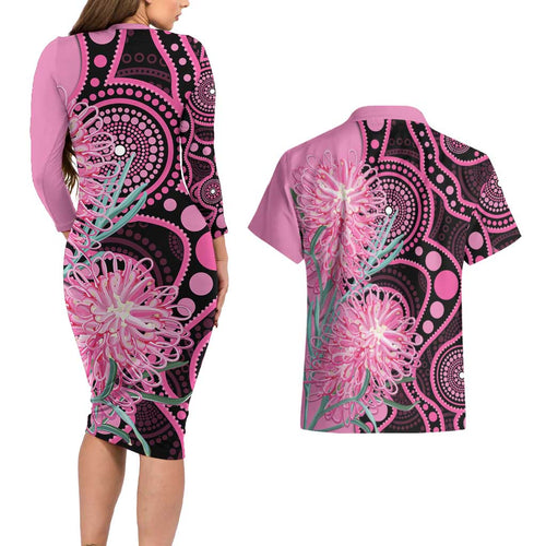 Australia Grevillea Couples Matching Long Sleeve Bodycon Dress and Hawaiian Shirt Aussie Native Spider Flower Indigenous Art
