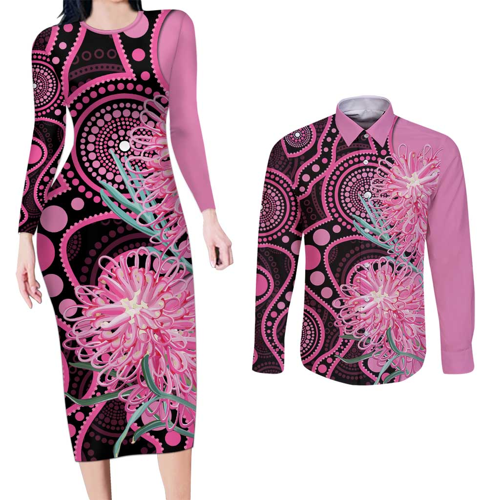 Australia Grevillea Couples Matching Long Sleeve Bodycon Dress and Long Sleeve Button Shirt Aussie Native Spider Flower Indigenous Art