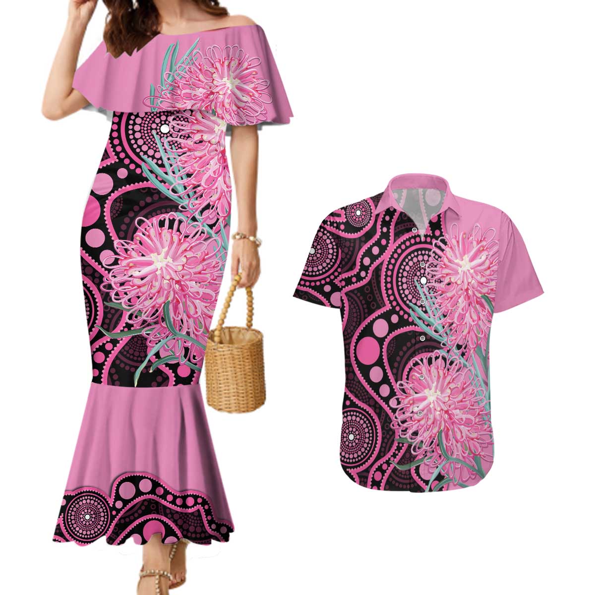 Australia Grevillea Couples Matching Mermaid Dress and Hawaiian Shirt Aussie Native Spider Flower Indigenous Art
