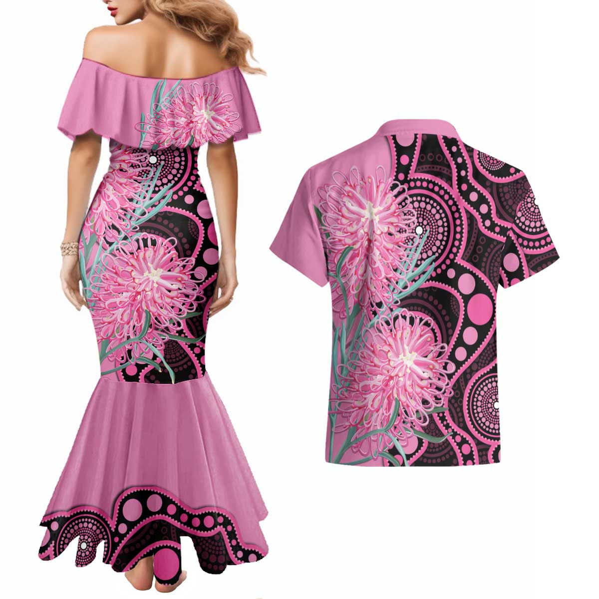 Australia Grevillea Couples Matching Mermaid Dress and Hawaiian Shirt Aussie Native Spider Flower Indigenous Art