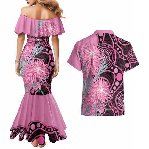 Australia Grevillea Couples Matching Mermaid Dress and Hawaiian Shirt Aussie Native Spider Flower Indigenous Art