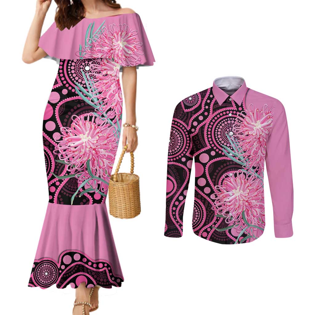 Australia Grevillea Couples Matching Mermaid Dress and Long Sleeve Button Shirt Aussie Native Spider Flower Indigenous Art
