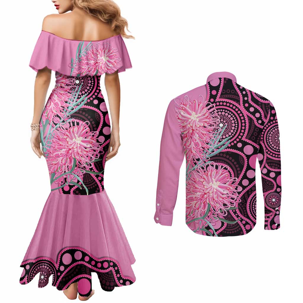 Australia Grevillea Couples Matching Mermaid Dress and Long Sleeve Button Shirt Aussie Native Spider Flower Indigenous Art
