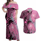 Australia Grevillea Couples Matching Off Shoulder Maxi Dress and Hawaiian Shirt Aussie Native Spider Flower Indigenous Art